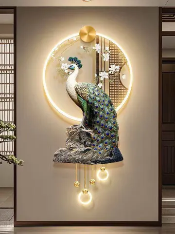 Blue Peacock Living Room Wall-Mounted Metal Lamp with Decorative Acrylic UV High-Definition Printed Diamond Art Print