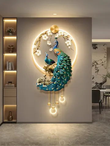 Blue Peacock Living Room Wall-Mounted Metal Lamp with Decorative Acrylic UV High-Definition Printed Diamond Art Print
