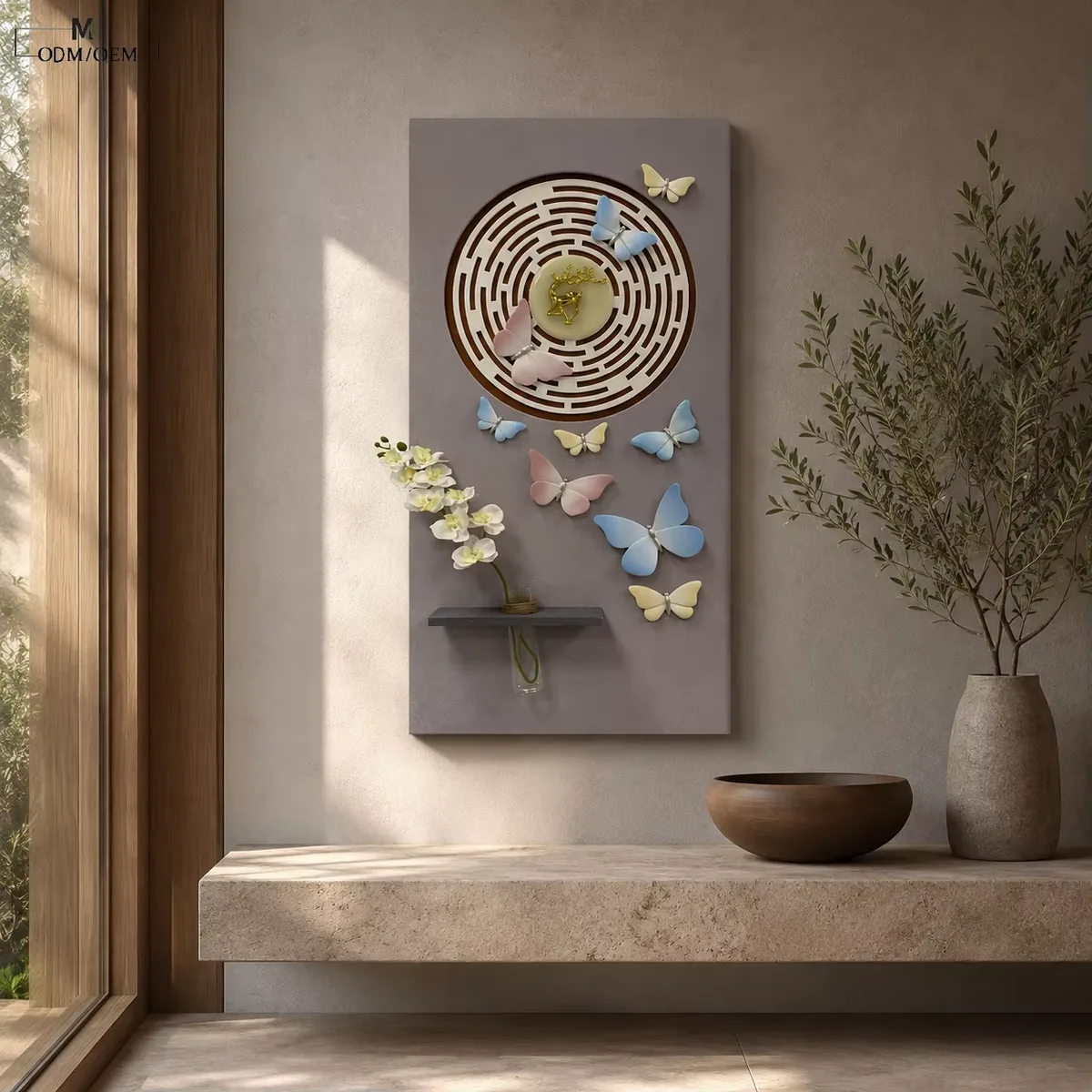 Butterfly Hydroponics Green Plants Vase LED Decor Painting Living Room Background Wall Sandstone Three-dimensional Wall Painting
