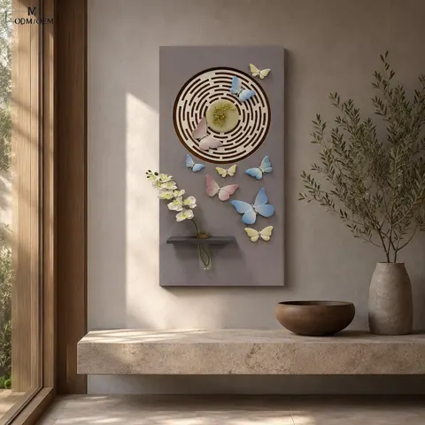 Butterfly Hydroponics Green Plants Vase LED Decor Painting Living Room Background Wall Sandstone Three-dimensional Wall Painting