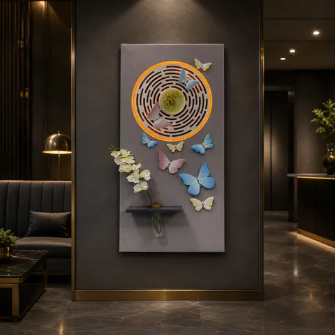 Butterfly Hydroponics Green Plants Vase LED Decor Painting Living Room Background Wall Sandstone Three-dimensional Wall Painting
