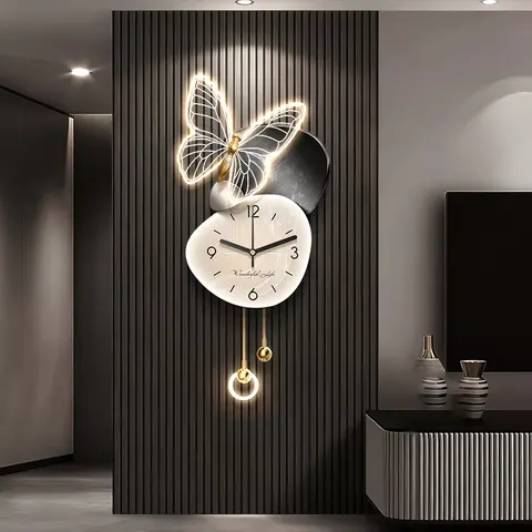 Butterfly With a Clock Art Home Decor Painting Television Background Wall Illumination Metal Pendant LED Acrylic Paintings