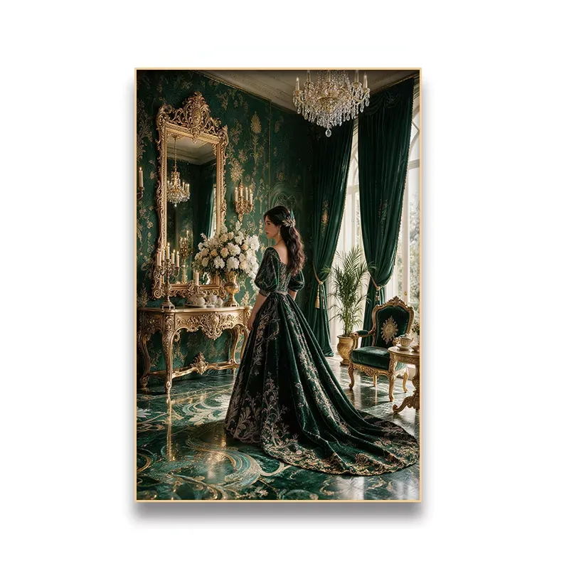Castle Crystal Chandelier Courtly Maiden Decorative Painting European Vintage Oil Painting-Style Mural, Light Luxury Art Mural