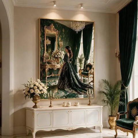Castle Crystal Chandelier Courtly Maiden Decorative Painting European Vintage Oil Painting-Style Mural, Light Luxury Art Mural