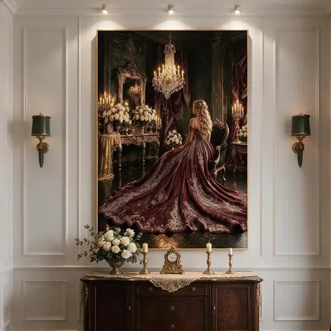 Castle Crystal Chandelier Courtly Maiden Decorative Painting European Vintage Oil Painting-Style Mural, Light Luxury Art Mural