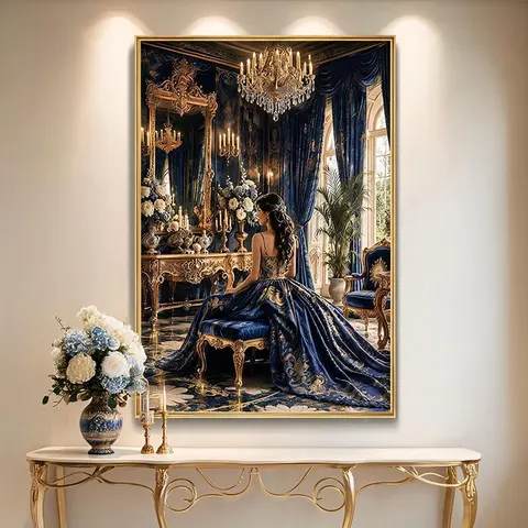 Castle Crystal Chandelier Courtly Maiden Decorative Painting European Vintage Oil Painting-Style Mural, Light Luxury Art Mural