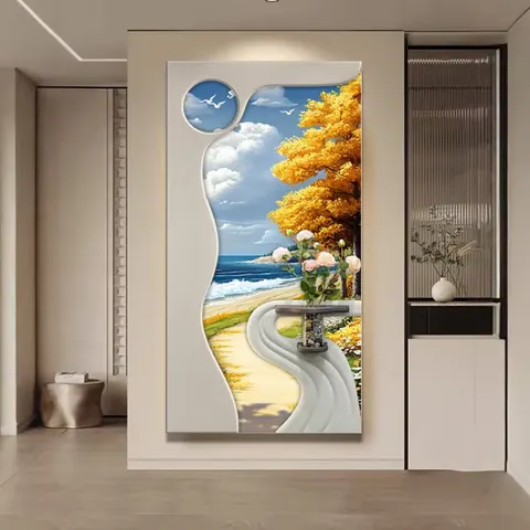 Character Scenery Green Plants Art Decor Draw Living Room Background Wall LED Glow Sandstone Fabric and Crystal Painting