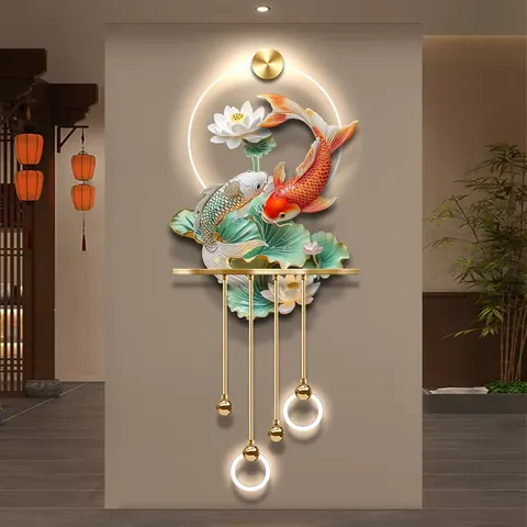 锦鲤 单幅 装饰画 新中式 客厅背景墙挂画 LED带灯画