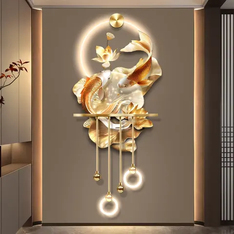 锦鲤 单幅 装饰画 新中式 客厅背景墙挂画 LED带灯画