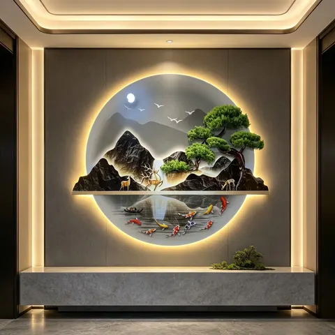 Chinese Style LED Decorative Painting,  Embossed LED Wall Mural, Landscape Deer Fish LED Wall Painting for Villa Hotel  Decor