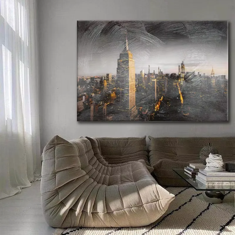 City Night Scenery Artistic Home Decorative Painting Half-hand-drawn Sofa Background Wall and Wall Mural