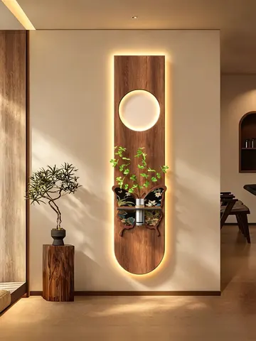 Contemporary 3D Sandstone Fabric LED Framed Wall Art with Vase Green Plants for Luxury Entryway Home Wall Hanging