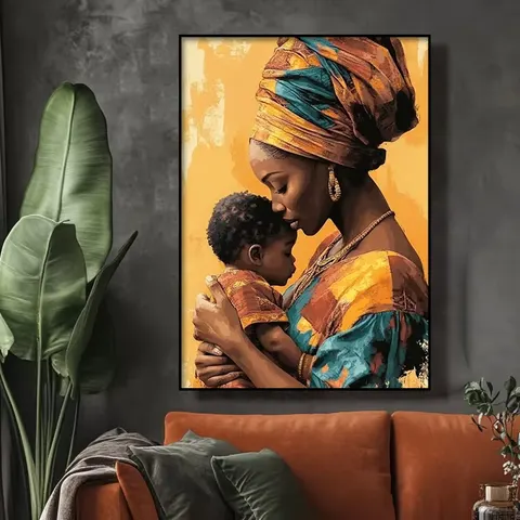 Contemporary African-Inspired Color Oil Painting Home Decor Mother's Day Gift Printed Image of a Mother Hugging a Baby on Paper