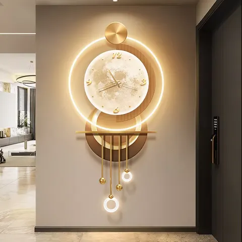 Corridor Background Wall Art Acrylic LED Painting With a Clock  Metal Pendant Wall Surface Mural Painting