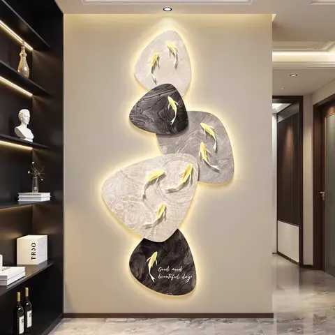 Corridor Background Wall Nine Fish Diagram Entrance Hall Decorative Painting With LED Lights Glowed Crystal Porcelain Painting