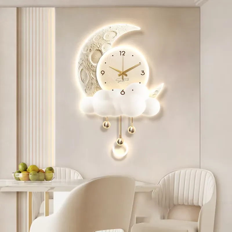 Cream Style Background Wall Decor Painting With a Clock Creativity Moon Restaurant Mural Painting