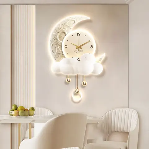 Cream Style Background Wall Decor Painting With a Clock Creativity Moon Restaurant Mural Painting