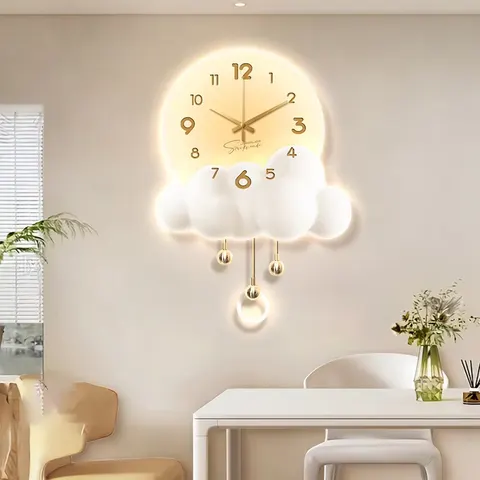 Cream Style Background Wall Decor Painting With a Clock Creativity Moon Restaurant Mural Painting