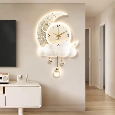 Cream Style Background Wall Decor Painting With a Clock Creativity Moon Restaurant Mural Painting