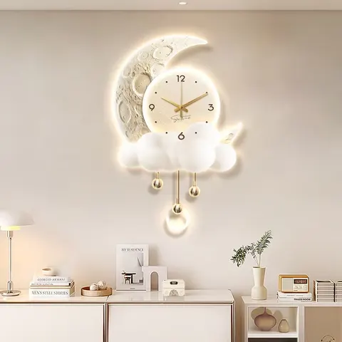 Cream Style Background Wall Decor Painting With a Clock Creativity Moon Restaurant Mural Painting