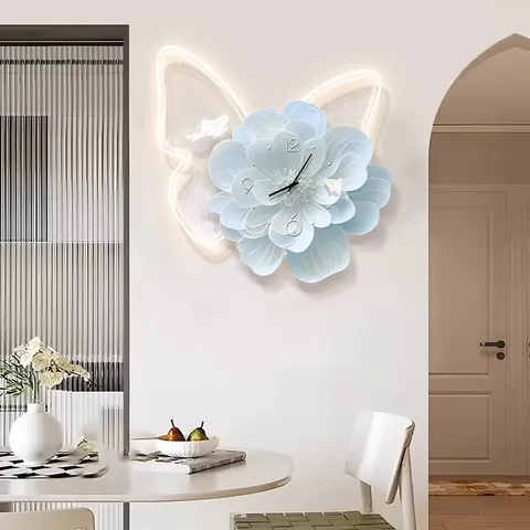 Cream Style Butterfly Restaurant Art Home Decor Paintings  Living Room with Wall Clock Led Light Creative Acrylic Painting