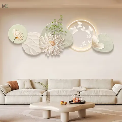 Cream Wind Living Room Sofa Background Wall Green Plant Wall Art Home Decor Painting and LED with Light Acrylic Painting