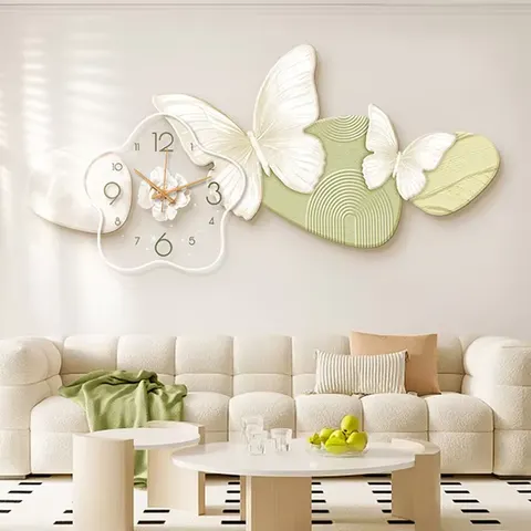 Cream Wind Living Room Wall Clock butterfly Flowers Acrylic Crystal Porcelain Wall Art LED Light Painting Home Decoration