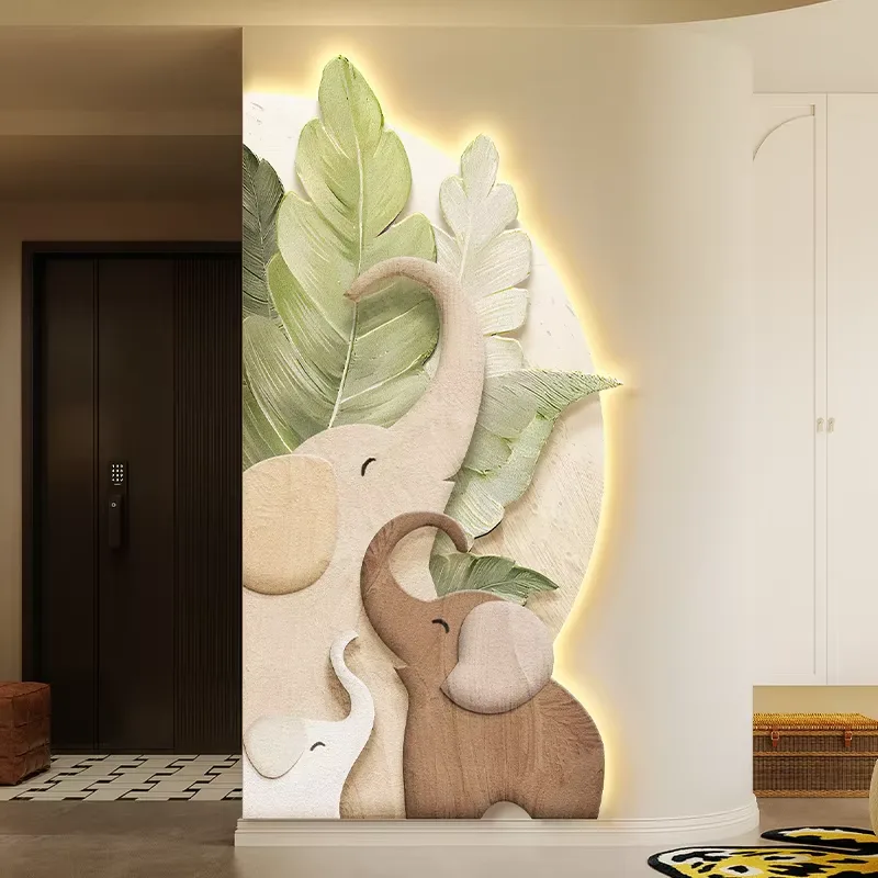 Creamy Style Entrance Hall Art Decor Painting Elephant Corner Corridor Semicircle LED Painting