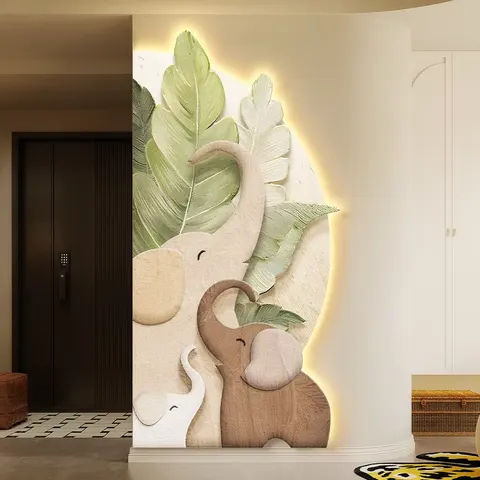 Creamy Style Entrance Hall Art Decor Painting Elephant Corner Corridor Semicircle LED Painting