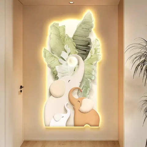 Creamy Style Entrance Hall Art Decor Painting Elephant Corner Corridor Semicircle LED Painting