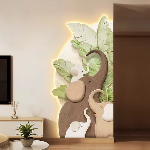 Creamy Style Entrance Hall Art Decor Painting Elephant Corner Corridor Semicircle LED Painting