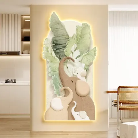 Creamy Style Entrance Hall Art Decor Painting Elephant Corner Corridor Semicircle LED Painting