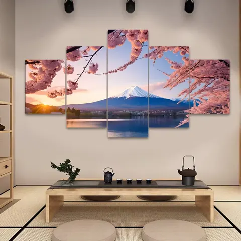 Creative Japanese Cherry Blossom Mount Fuji Landscape Wall Art Home Decor Painting Hotel Background Wall 5 Picture Mural