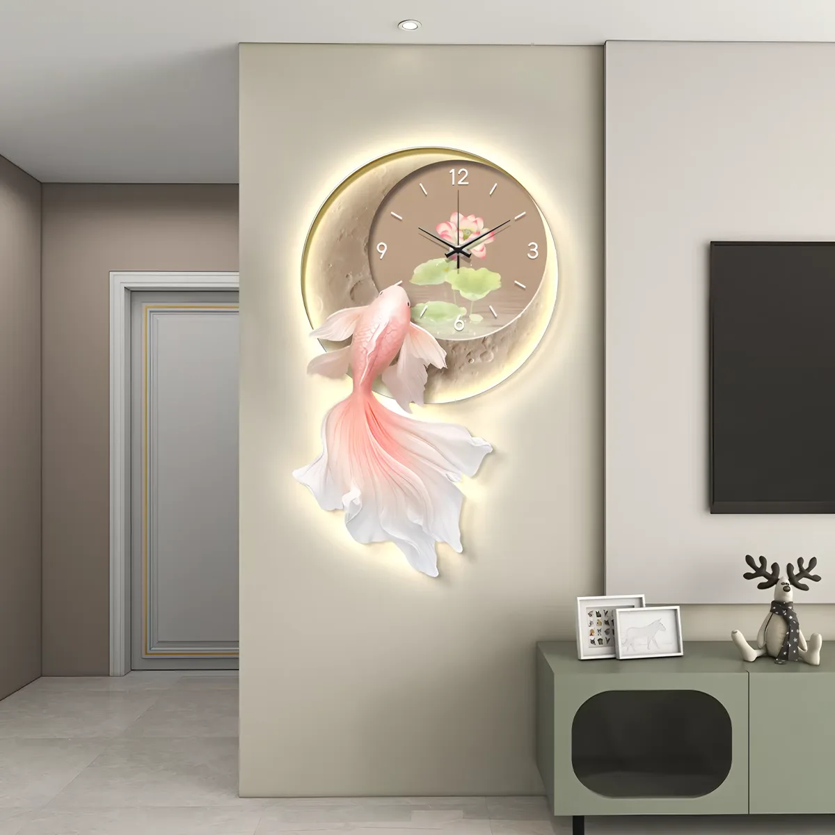 Creative Koi Living Room Clock Art Decor Painting Luxury Sofa Background Wall LED Glow Crystal Porcelain Painting