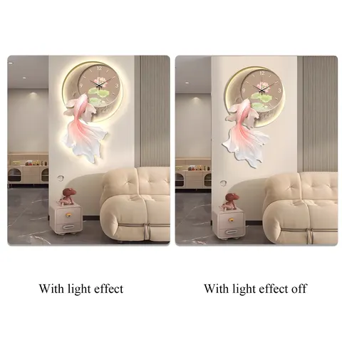 Creative Koi Living Room Clock Art Decor Painting Luxury Sofa Background Wall LED Glow Crystal Porcelain Painting