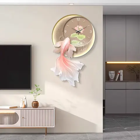 Creative Koi Living Room Clock Art Decor Painting Luxury Sofa Background Wall LED Glow Crystal Porcelain Painting