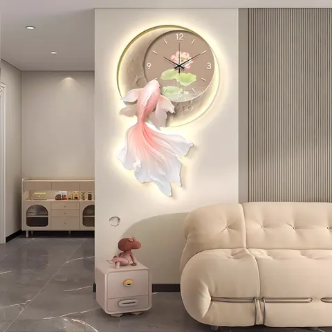 Creative Koi Living Room Clock Art Decor Painting Luxury Sofa Background Wall LED Glow Crystal Porcelain Painting