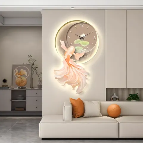 Creative Koi Living Room Clock Art Decor Painting Luxury Sofa Background Wall LED Glow Crystal Porcelain Painting