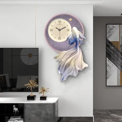 Creative Koi Living Room Clock Art Decor Painting Luxury Sofa Background Wall LED Glow Crystal Porcelain Painting
