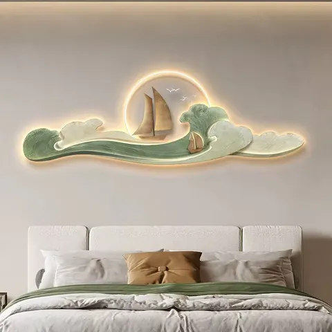 Creative Wave Sailboat Crystal Porcelain Modern Glass Wall Painting with Led Home Decor for Living Room