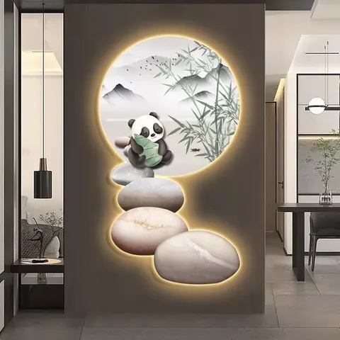 Creativity Entrance Hall Art Decor Painting Modern Luxury Panda Home Decor Background Wall Glowed LED Painting