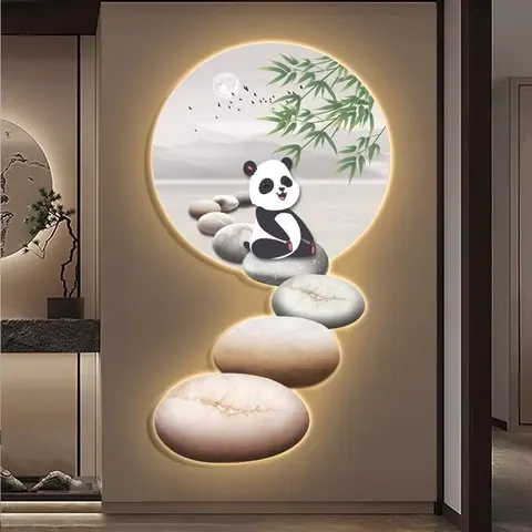 Creativity Entrance Hall Art Decor Painting Modern Luxury Panda Home Decor Background Wall Glowed LED Painting