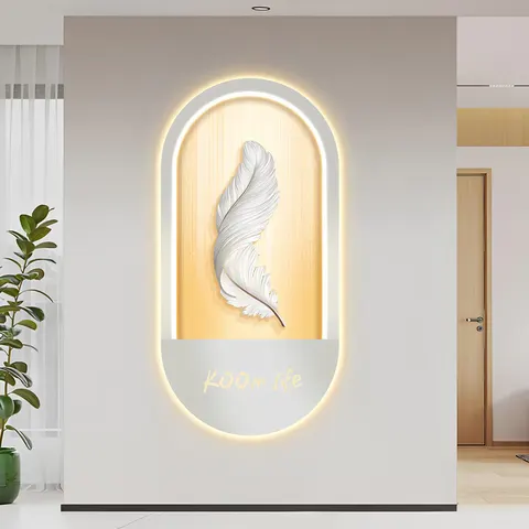 Creativity Feathers Oval Shape Entrance Hall Mural Painting Corridor Background Wall Crystal Porcelain LED Painting