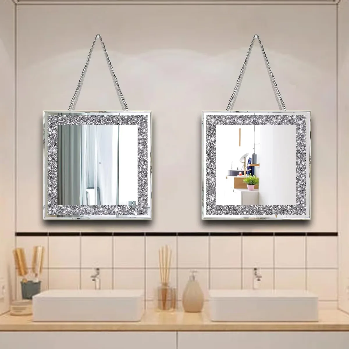 Crystal Crush Diamond Sparkly Quadrate Silver Bathroom and Room Mirror 2PCS Frameless Mirror Vanity Home Decor for Hallway