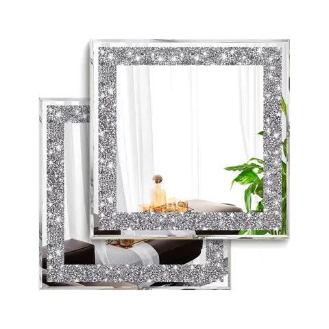 Crystal Crush Diamond Sparkly Quadrate Silver Bathroom and Room Mirror 2PCS Frameless Mirror Vanity Home Decor for Hallway