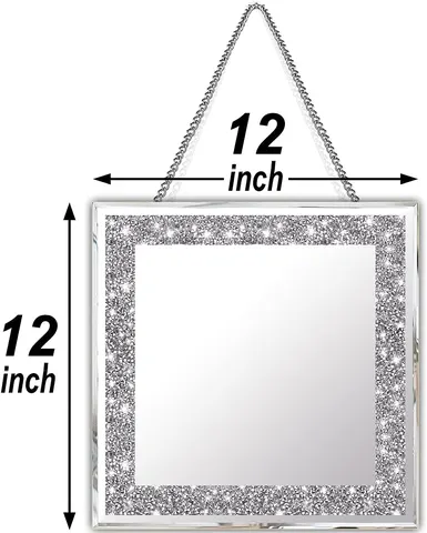 Crystal Crush Diamond Sparkly Quadrate Silver Bathroom and Room Mirror 2PCS Frameless Mirror Vanity Home Decor for Hallway