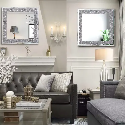 Crystal Crush Diamond Sparkly Quadrate Silver Bathroom and Room Mirror 2PCS Frameless Mirror Vanity Home Decor for Hallway