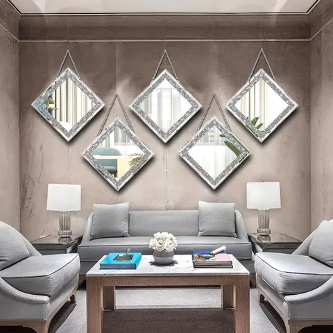 Crystal Crush Diamond Sparkly Quadrate Silver Bathroom and Room Mirror 2PCS Frameless Mirror Vanity Home Decor for Hallway