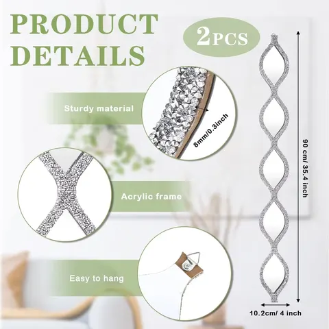 Crystal Crush Diamond Sparkly Quadrate Silver Room Mirror 2PCS Frameless Mirror Vanity Home Decor for Corridor Designer Mirror