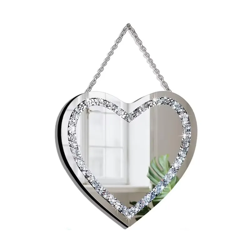 Crystal Crush Heart Shaped Silver Diamond with Stainless Steel Chain for Wall Decoration Mirror and Room Mirror Designer Mirror